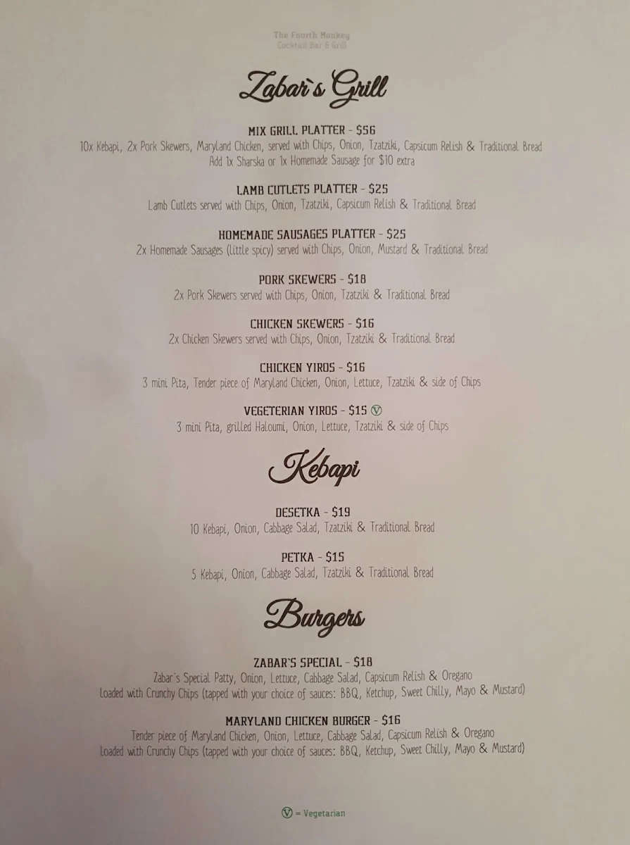 Menu, The Fourth Monkey Cocktail Bar & Grill