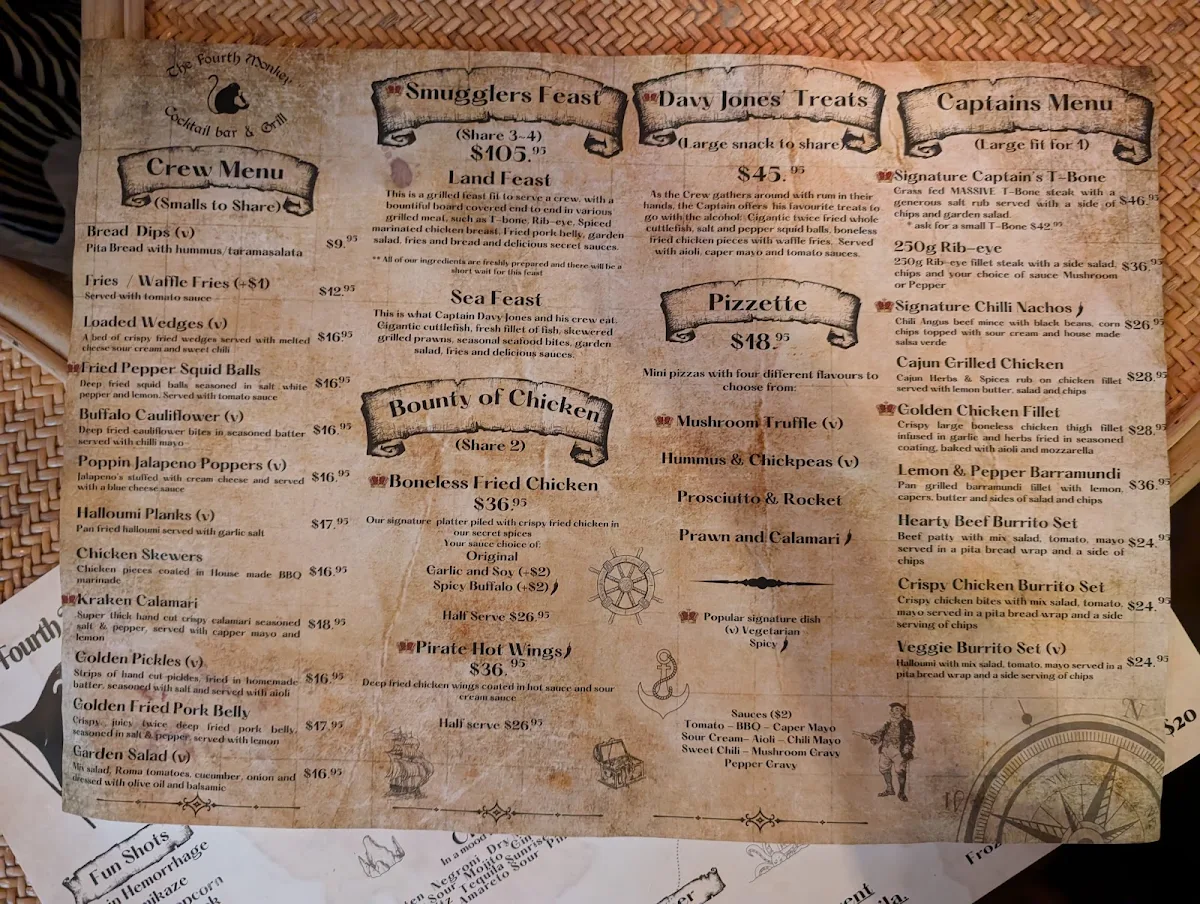 Menu, The Fourth Monkey Cocktail Bar & Grill