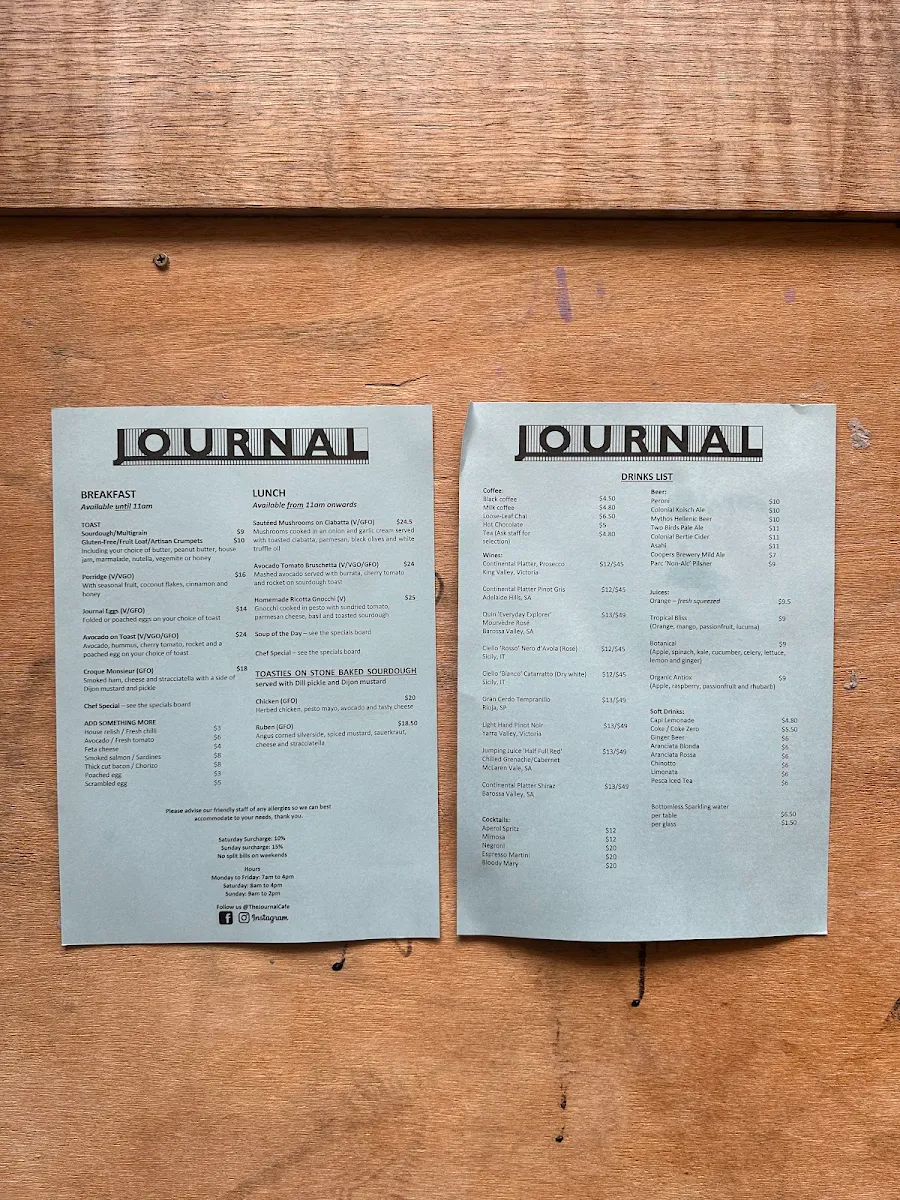 Menu, The Journal Cafe