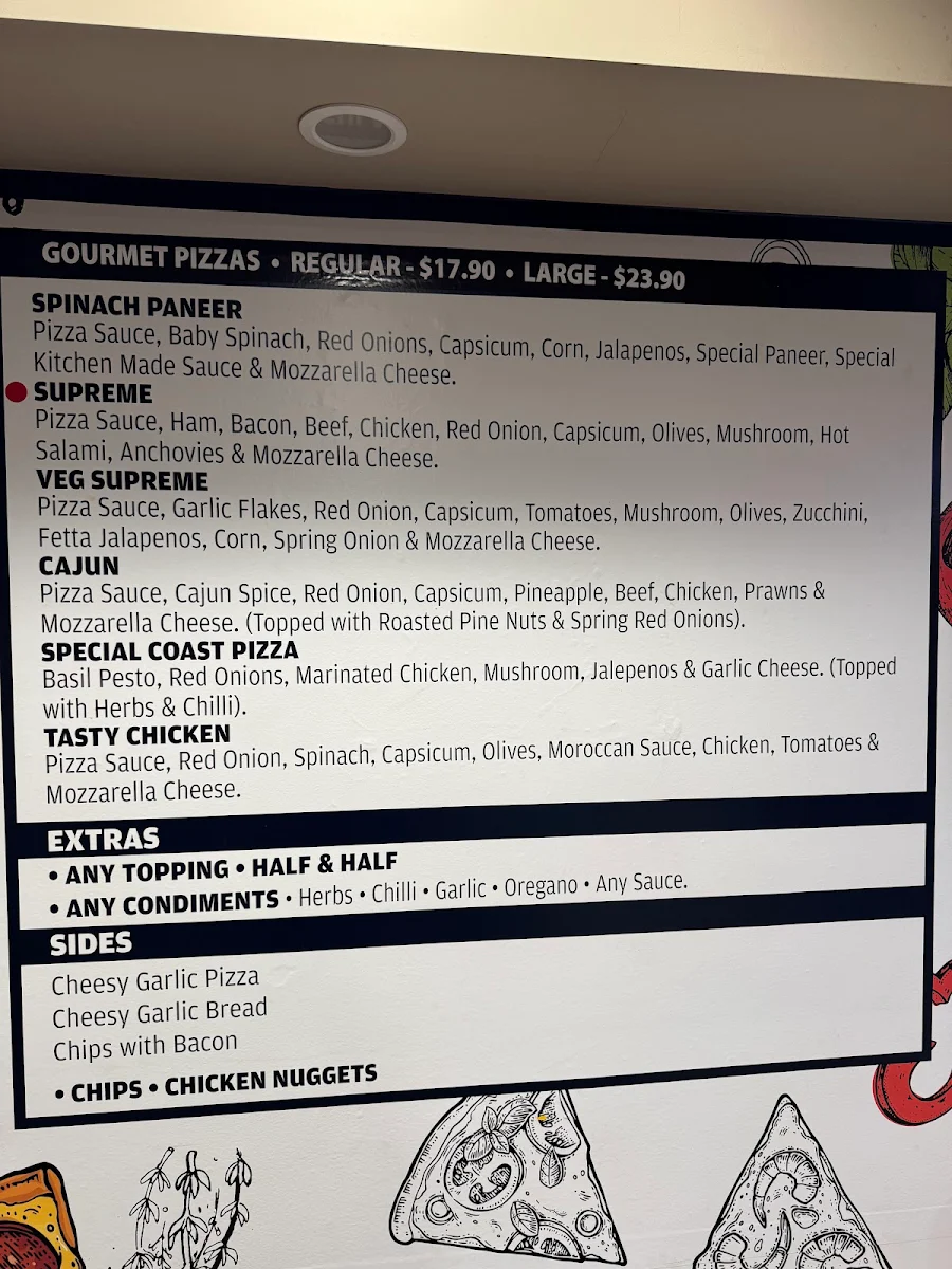 Menu, Coast Kebabs and Pizza