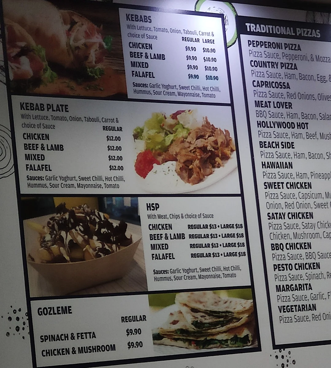 Menu, Coast Kebabs and Pizza