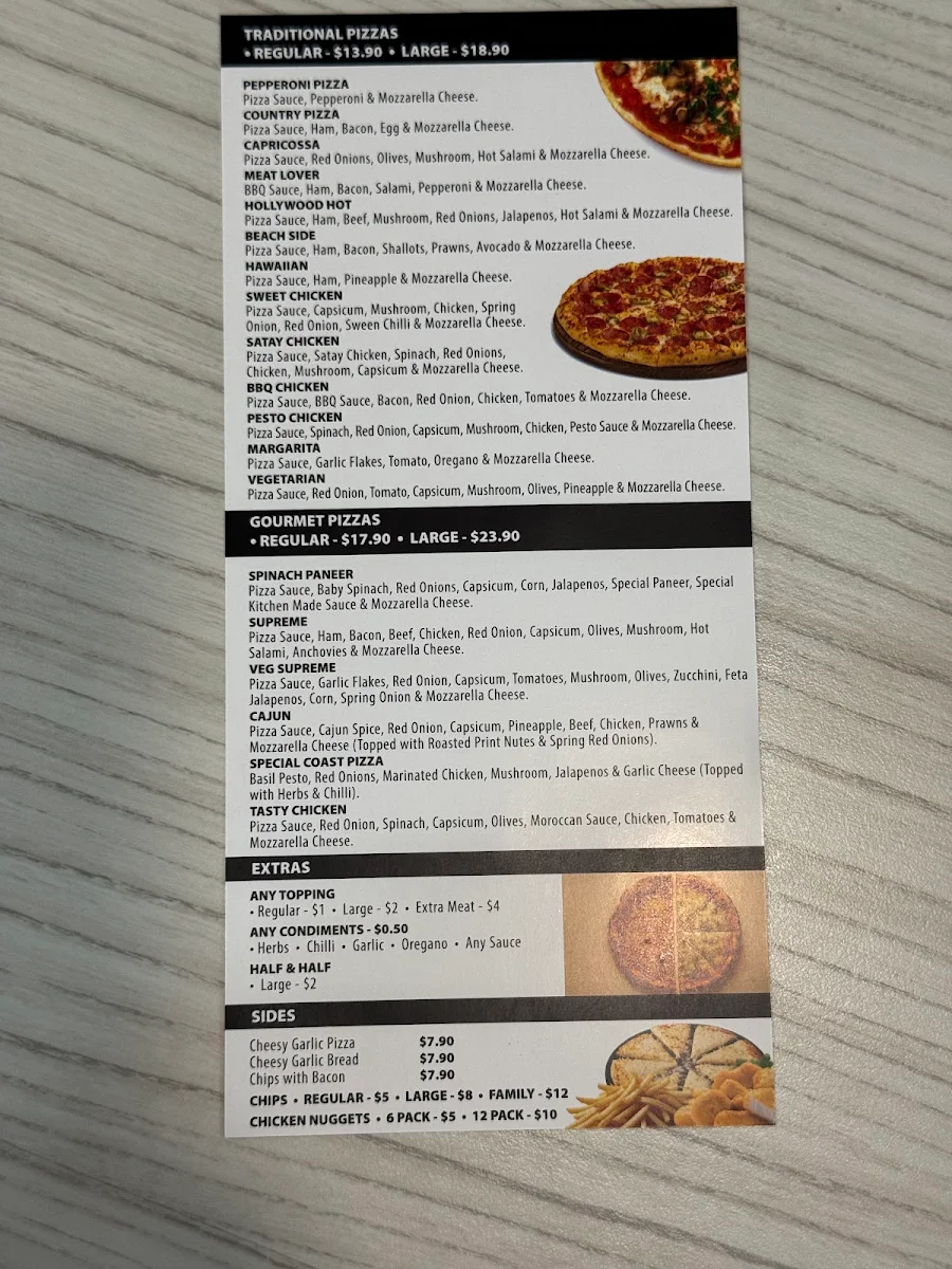 Menu, Coast Kebabs and Pizza