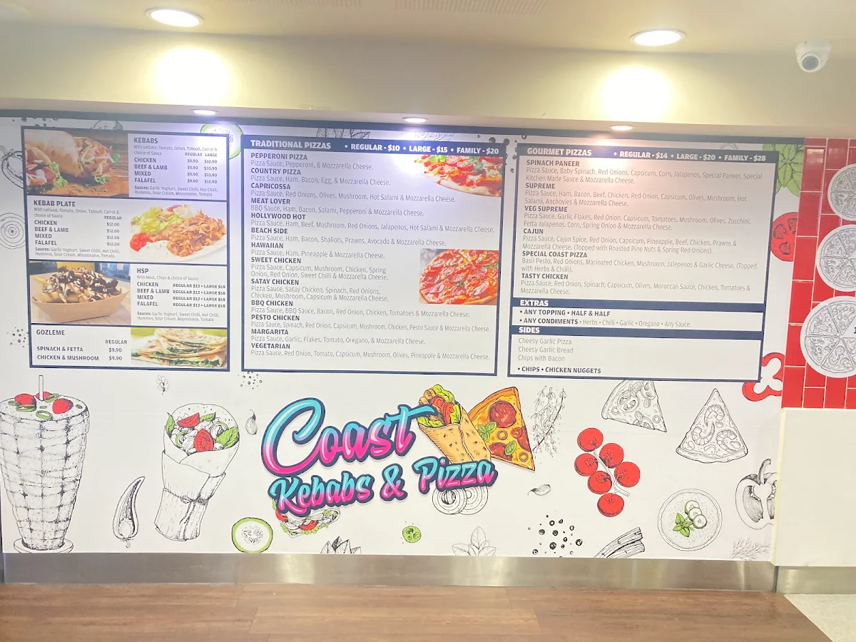 Menu, Coast Kebabs and Pizza