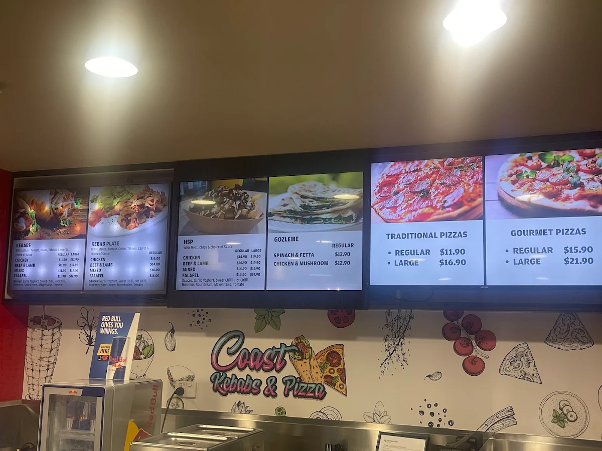 Menu, Coast Kebabs and Pizza