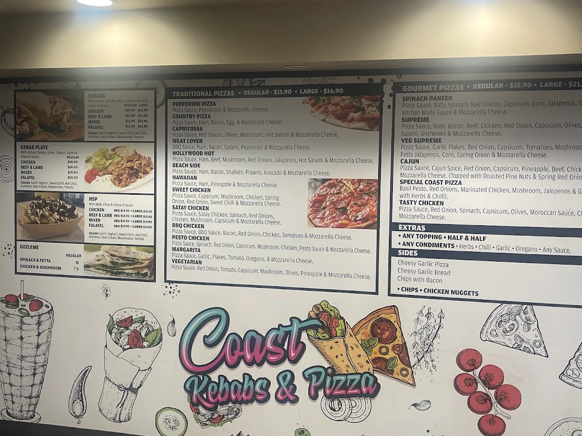 Menu, Coast Kebabs and Pizza