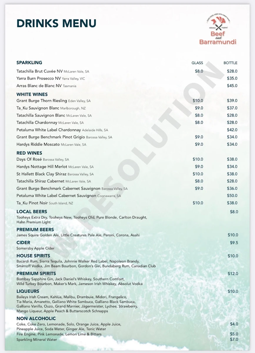 Menu, Beef and Barramundi Restaurant
