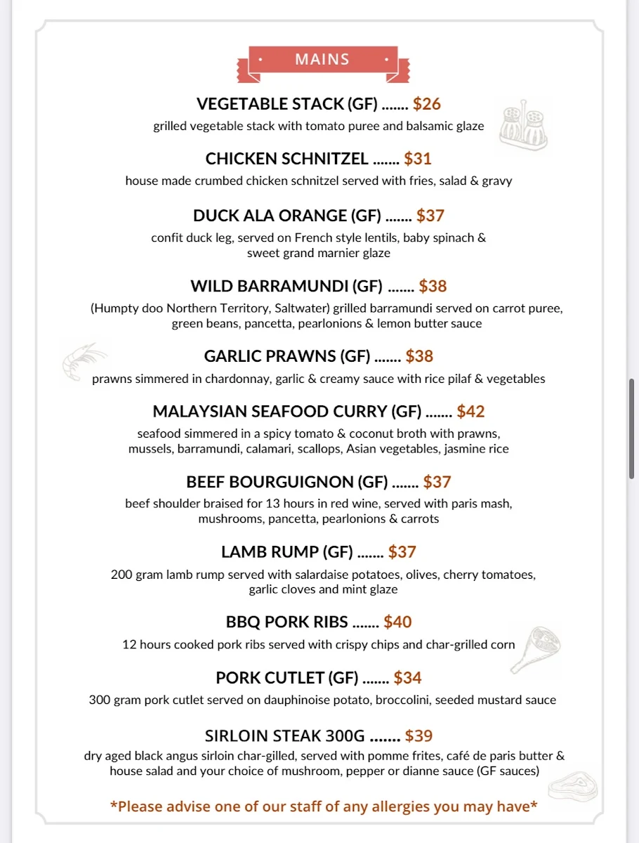 Menu, Beef and Barramundi Restaurant