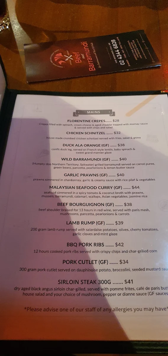 Menu, Beef and Barramundi Restaurant