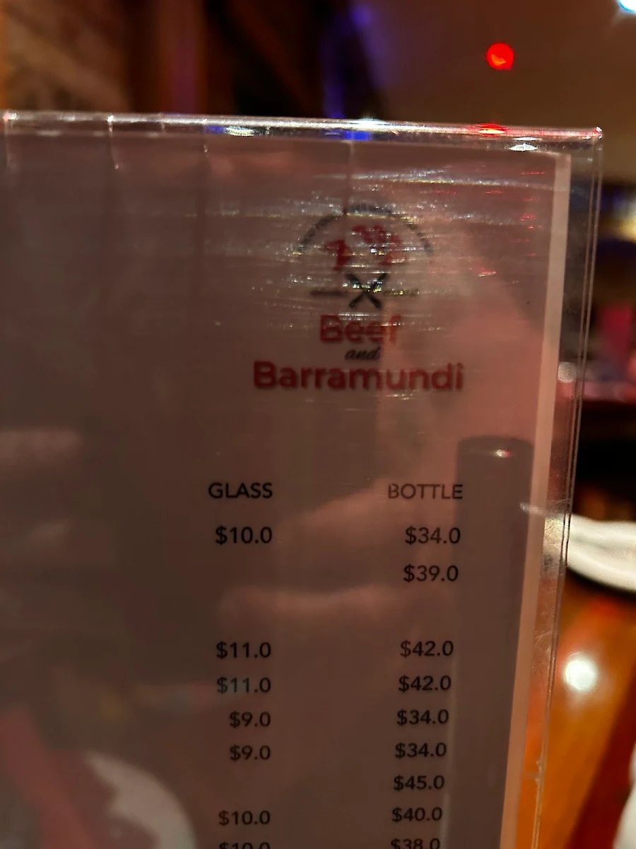 Menu, Beef and Barramundi Restaurant