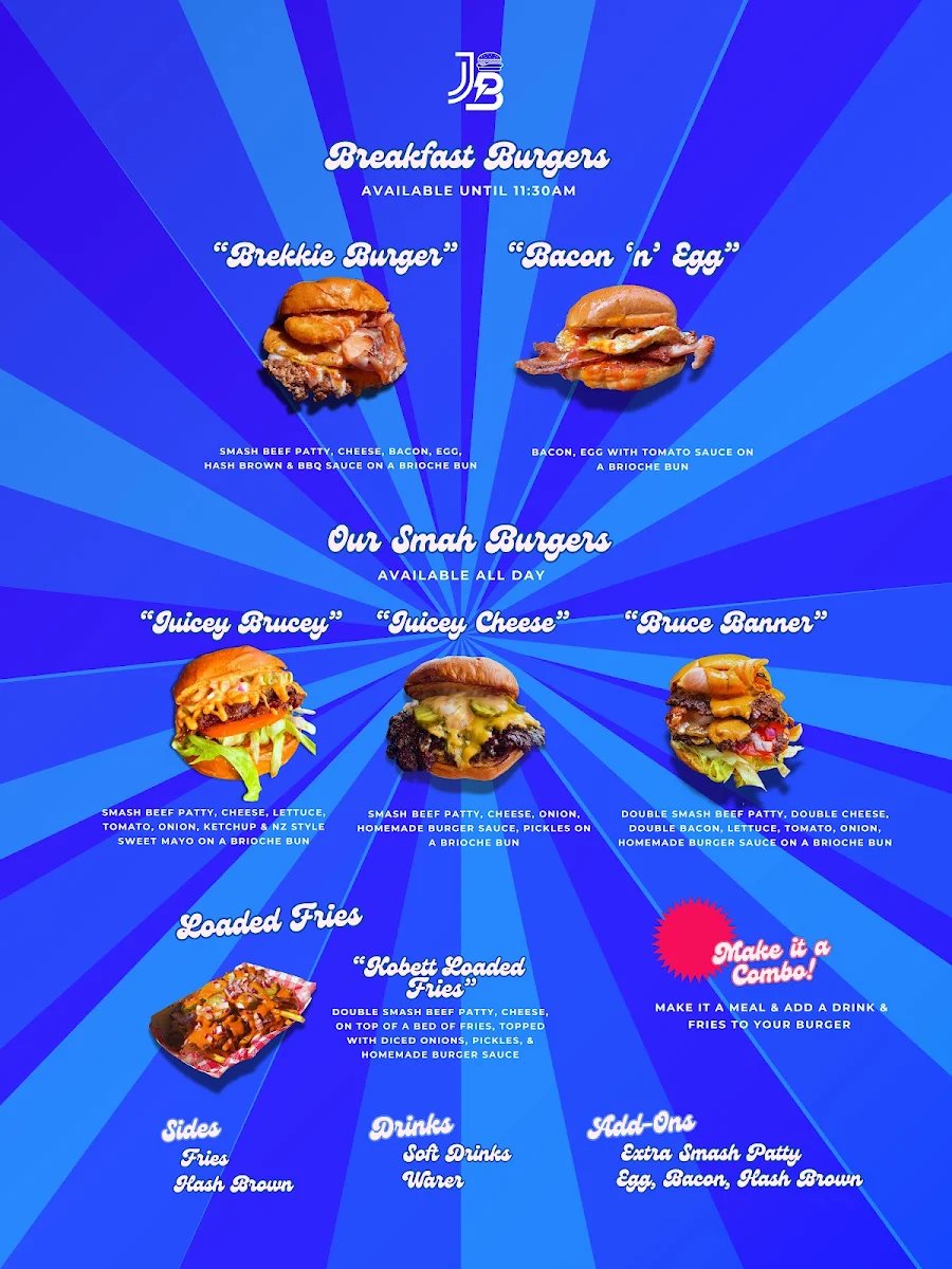 Menu, Juicey Brucey Burgers