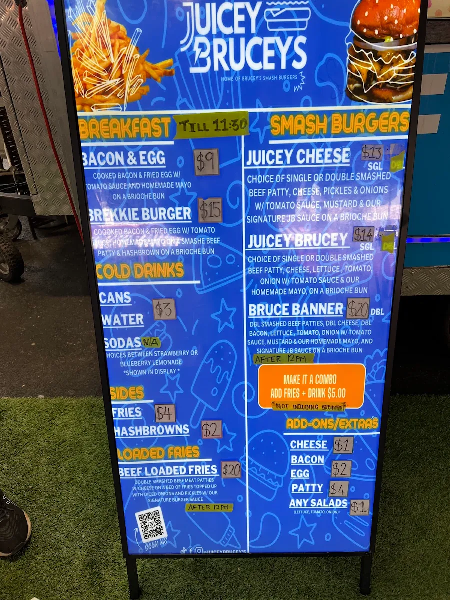 Menu, Juicey Brucey Burgers