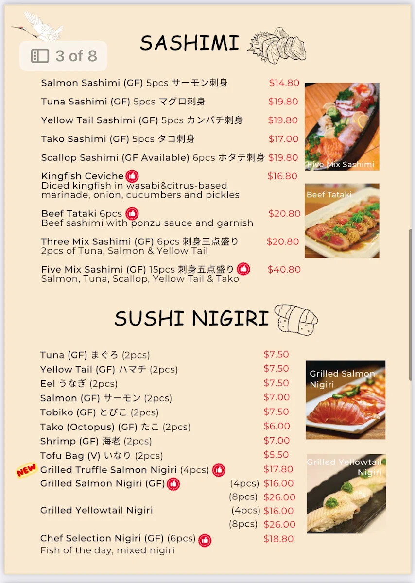 Menu, Kagawa Japanese Cuisine