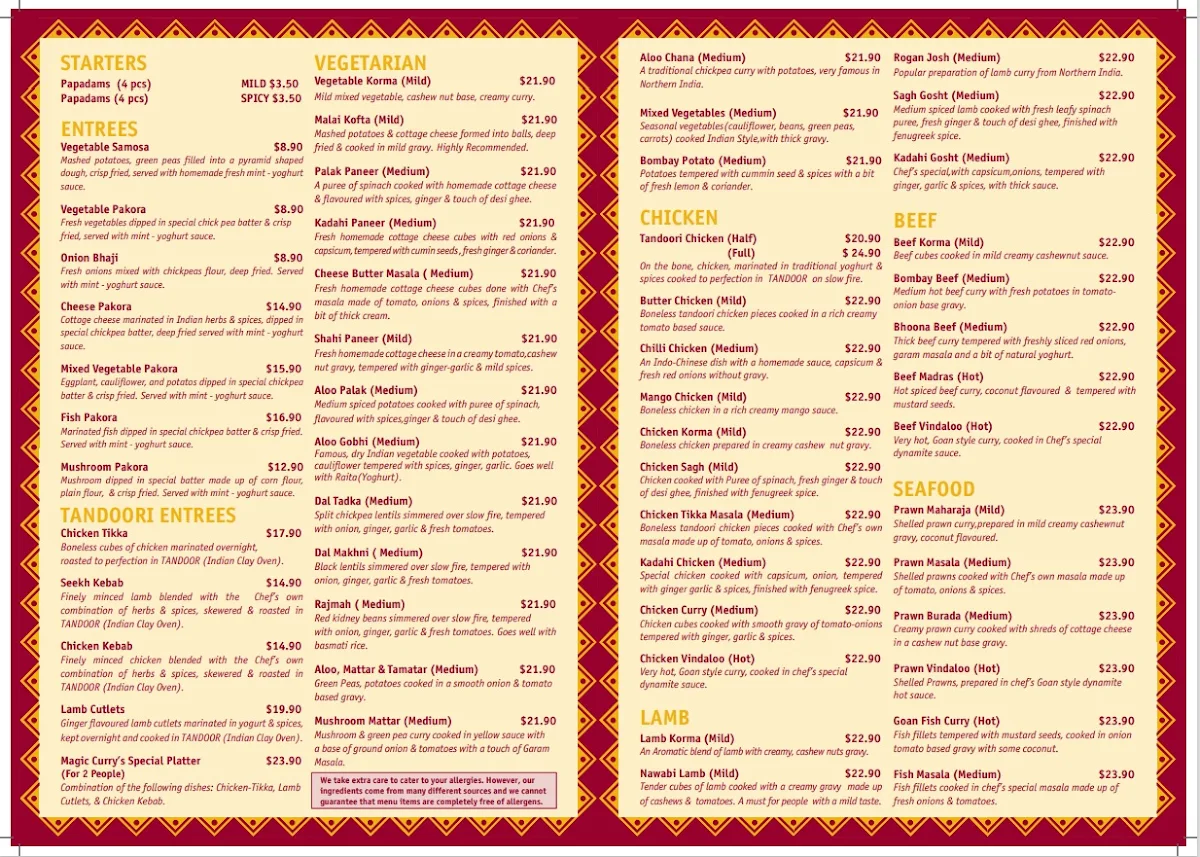 Menu, Magic Curries