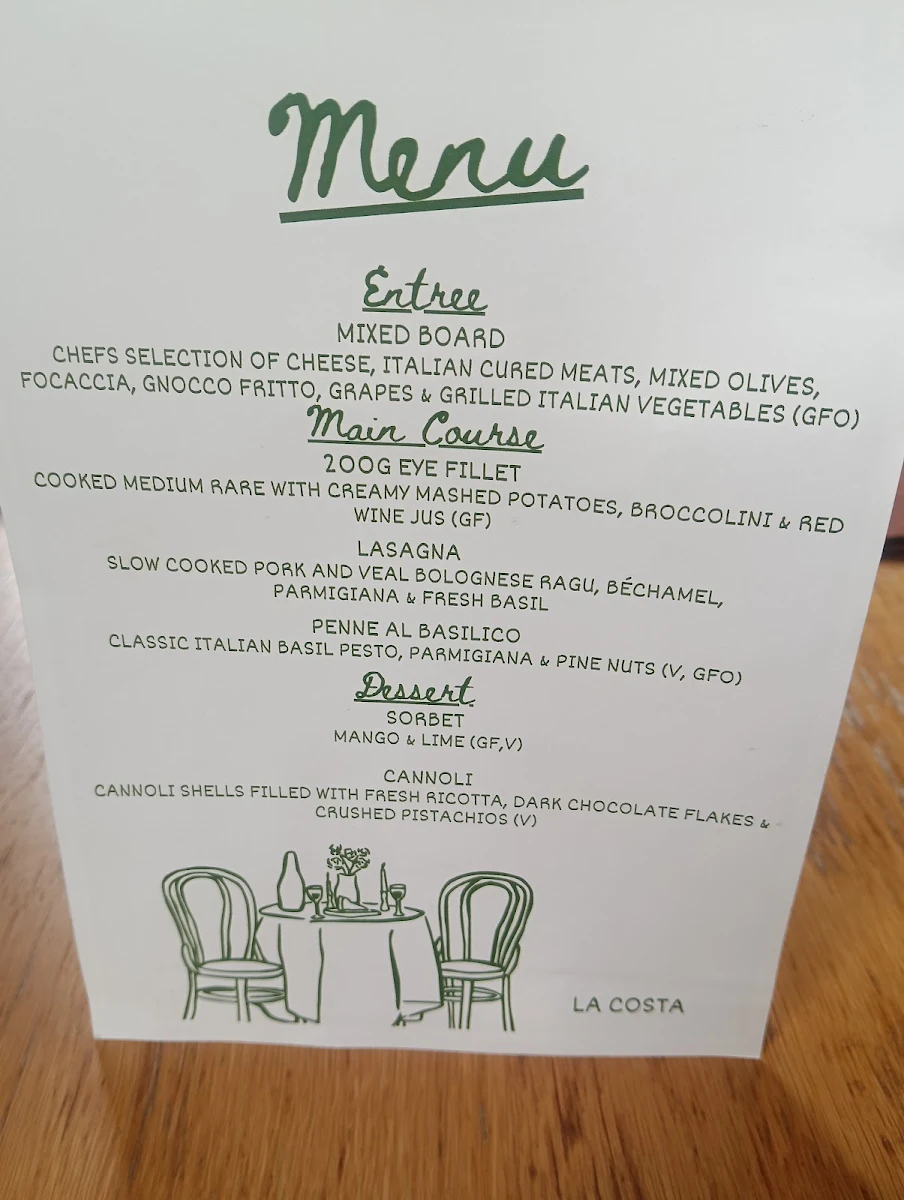 Menu, La Costa Restaurant