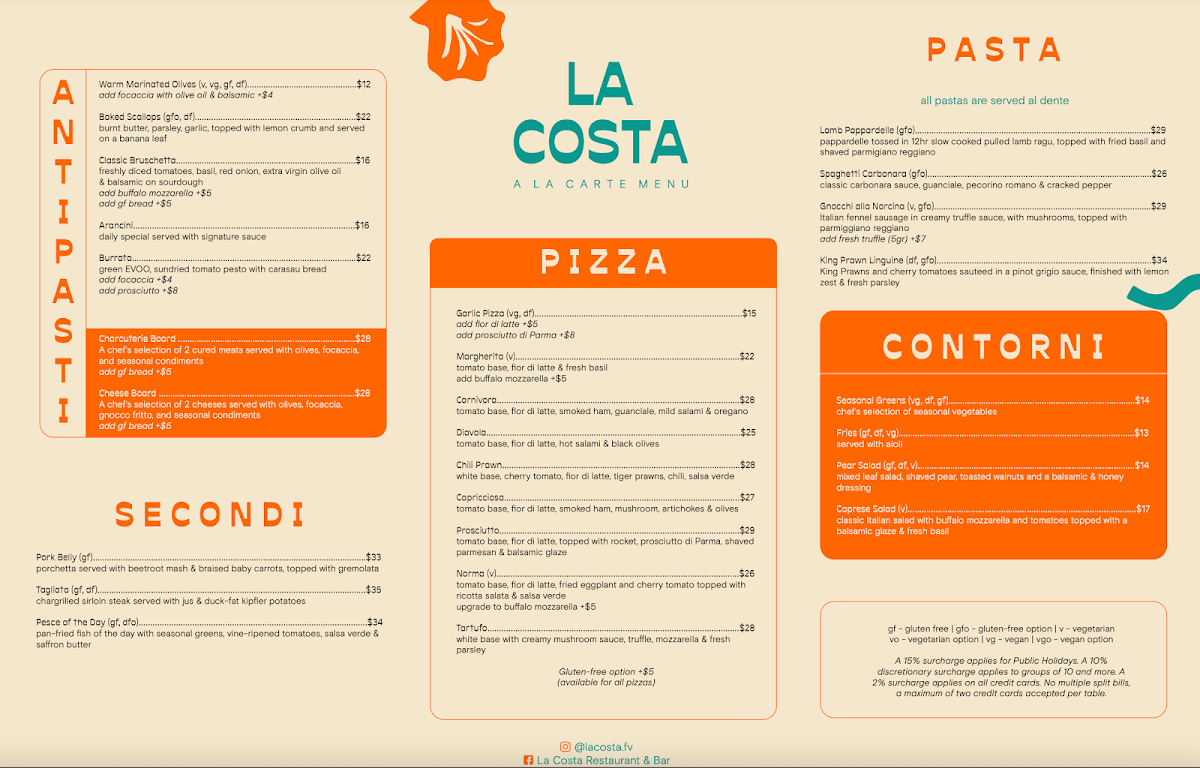 Menu, La Costa Restaurant