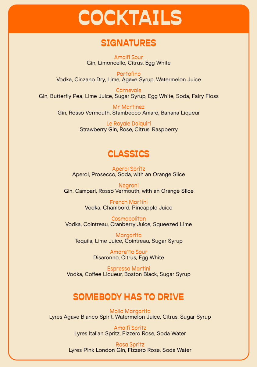 Menu, La Costa Restaurant