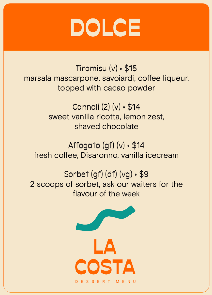 Menu, La Costa Restaurant
