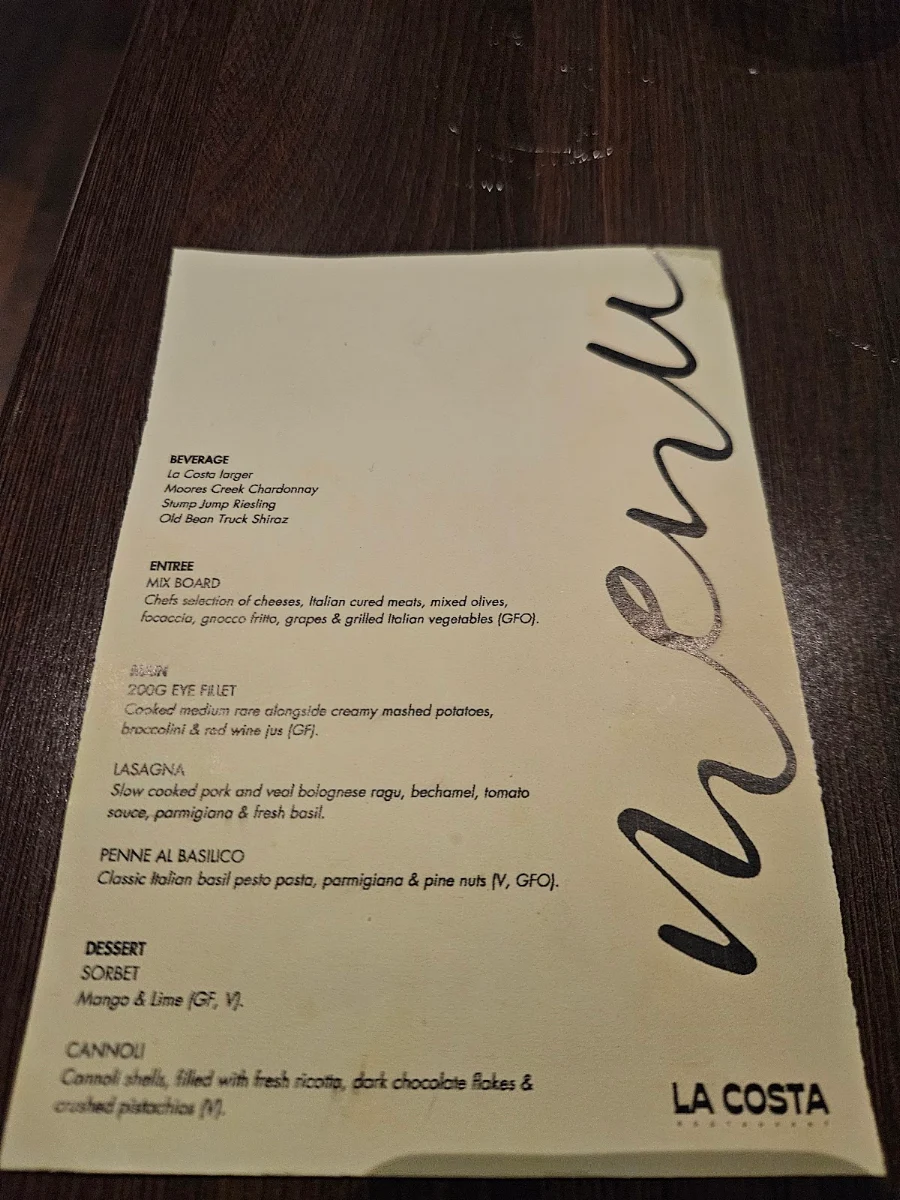 Menu, La Costa Restaurant