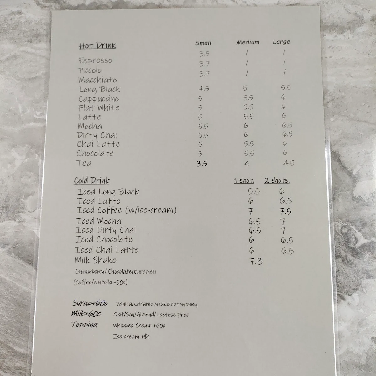 Menu, Grace Cafe