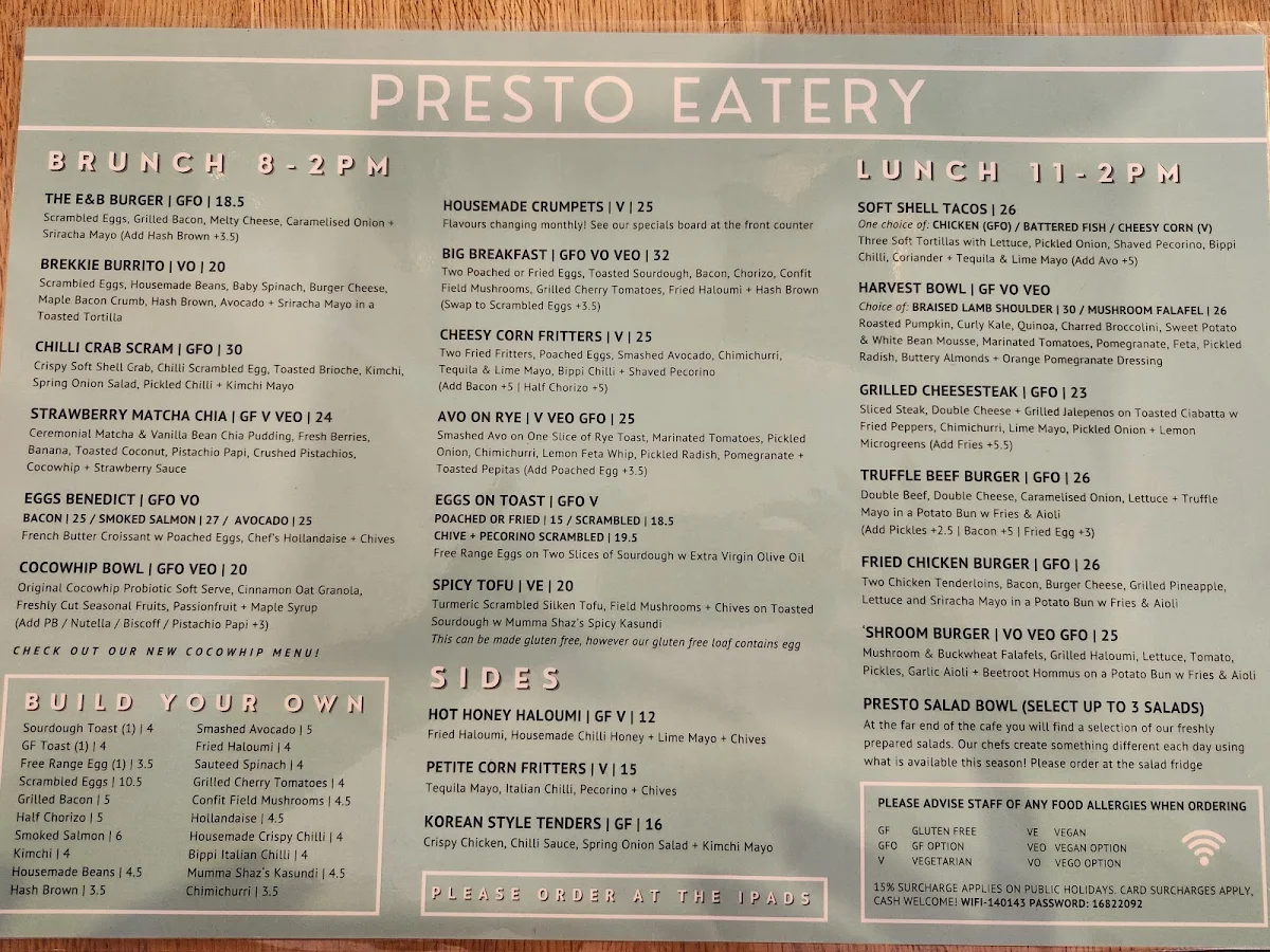Menu, Presto Eatery