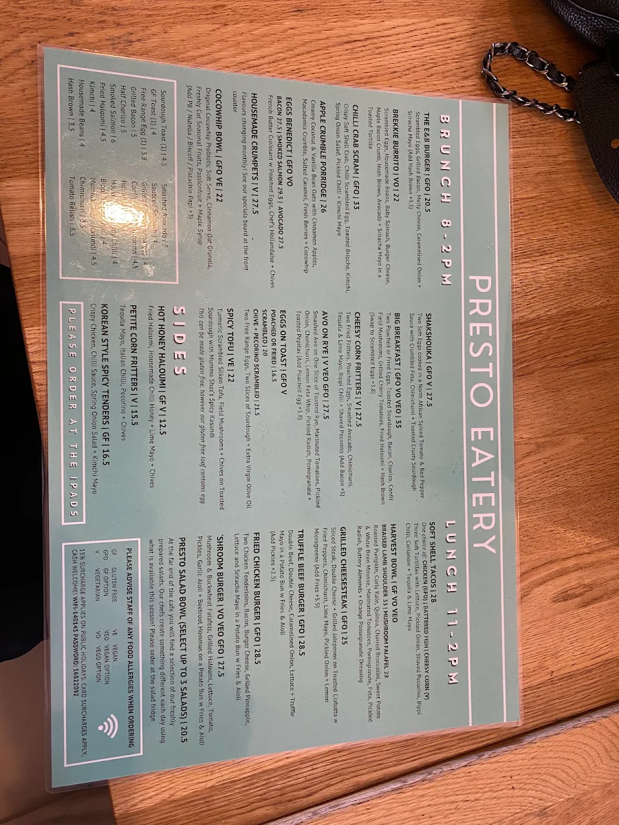 Menu, Presto Eatery