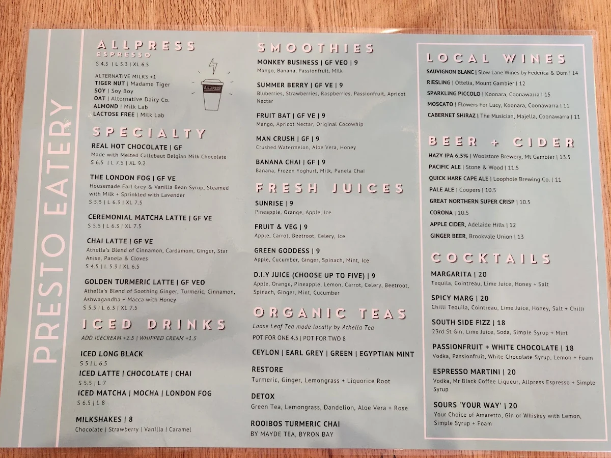 Menu, Presto Eatery