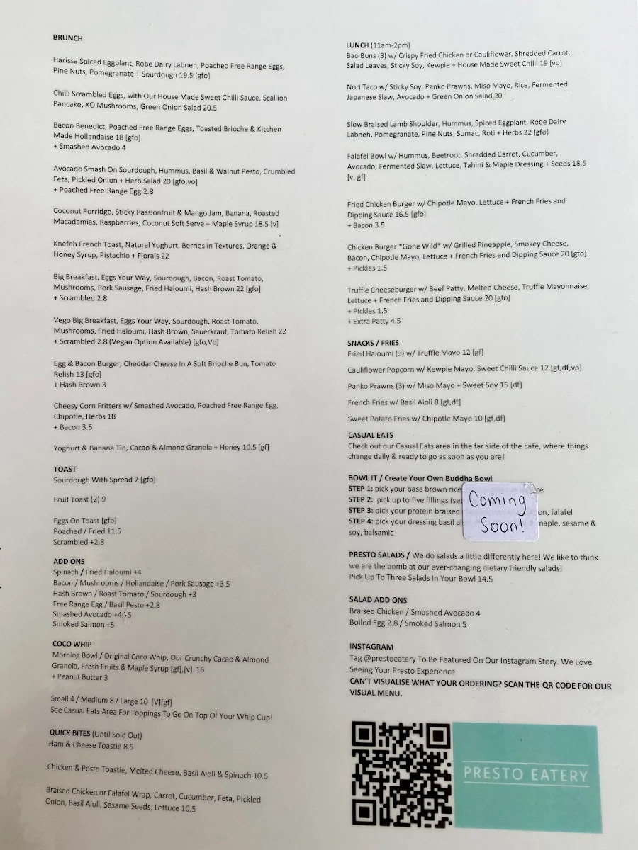 Menu, Presto Eatery