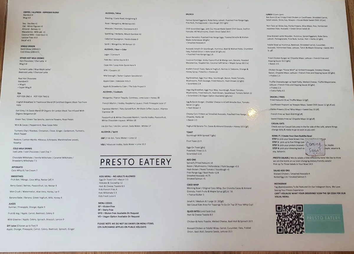 Menu, Presto Eatery