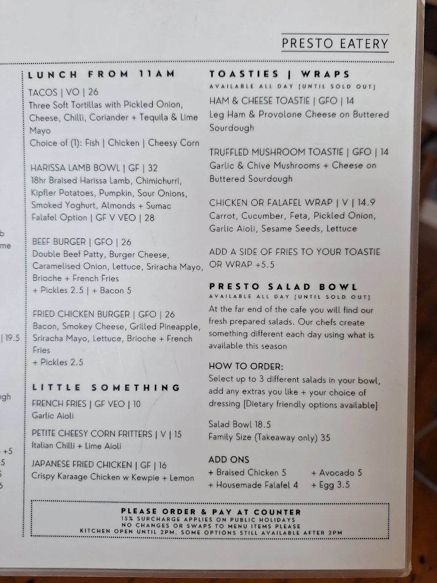 Menu, Presto Eatery