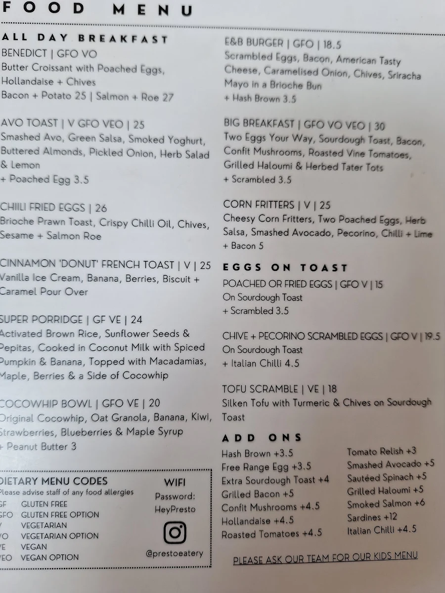 Menu, Presto Eatery