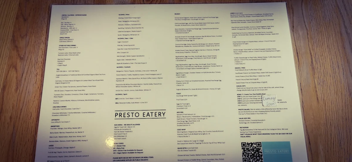 Menu, Presto Eatery