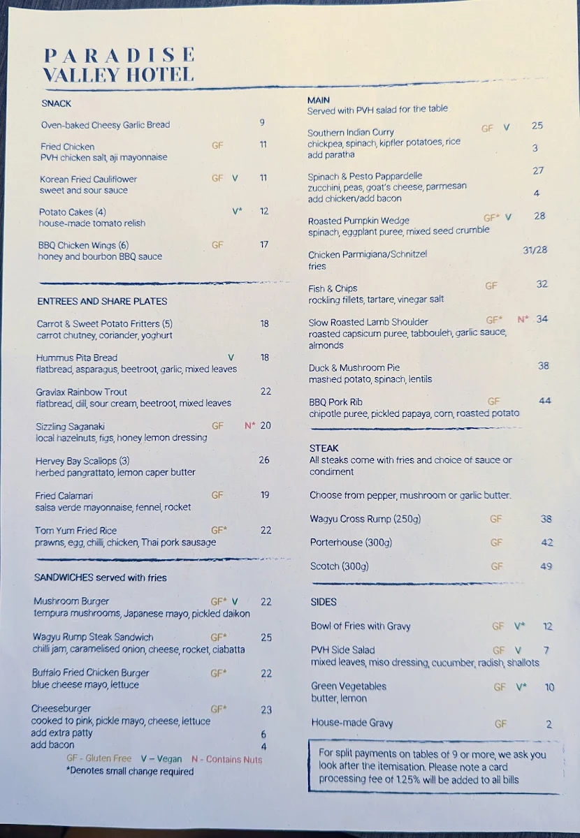 Menu, Paradise Valley Hotel