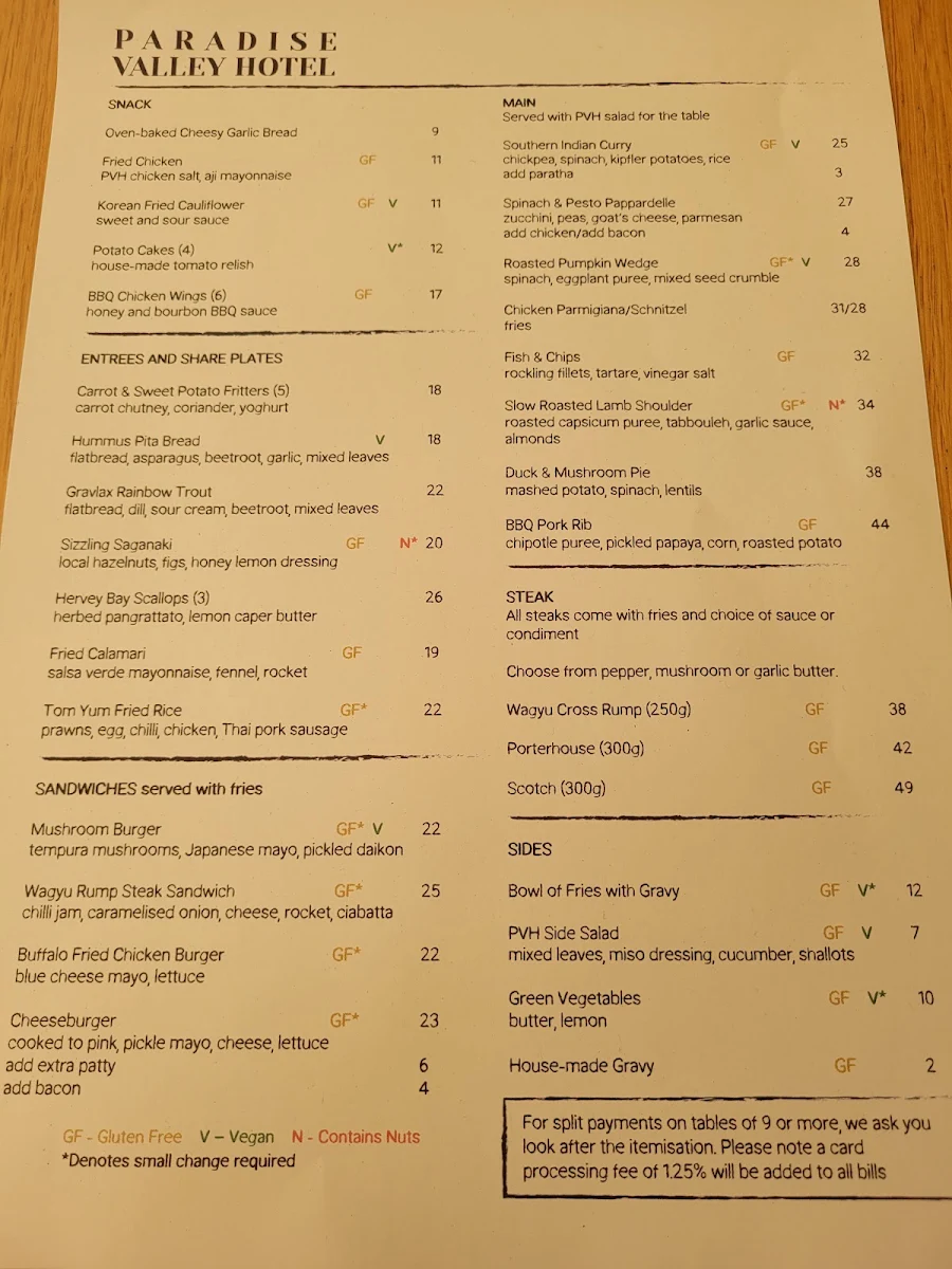 Menu, Paradise Valley Hotel