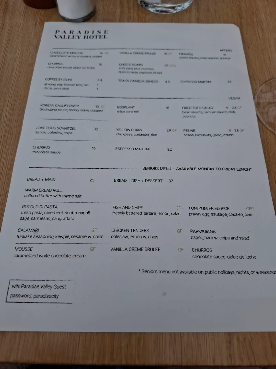 Menu, Paradise Valley Hotel