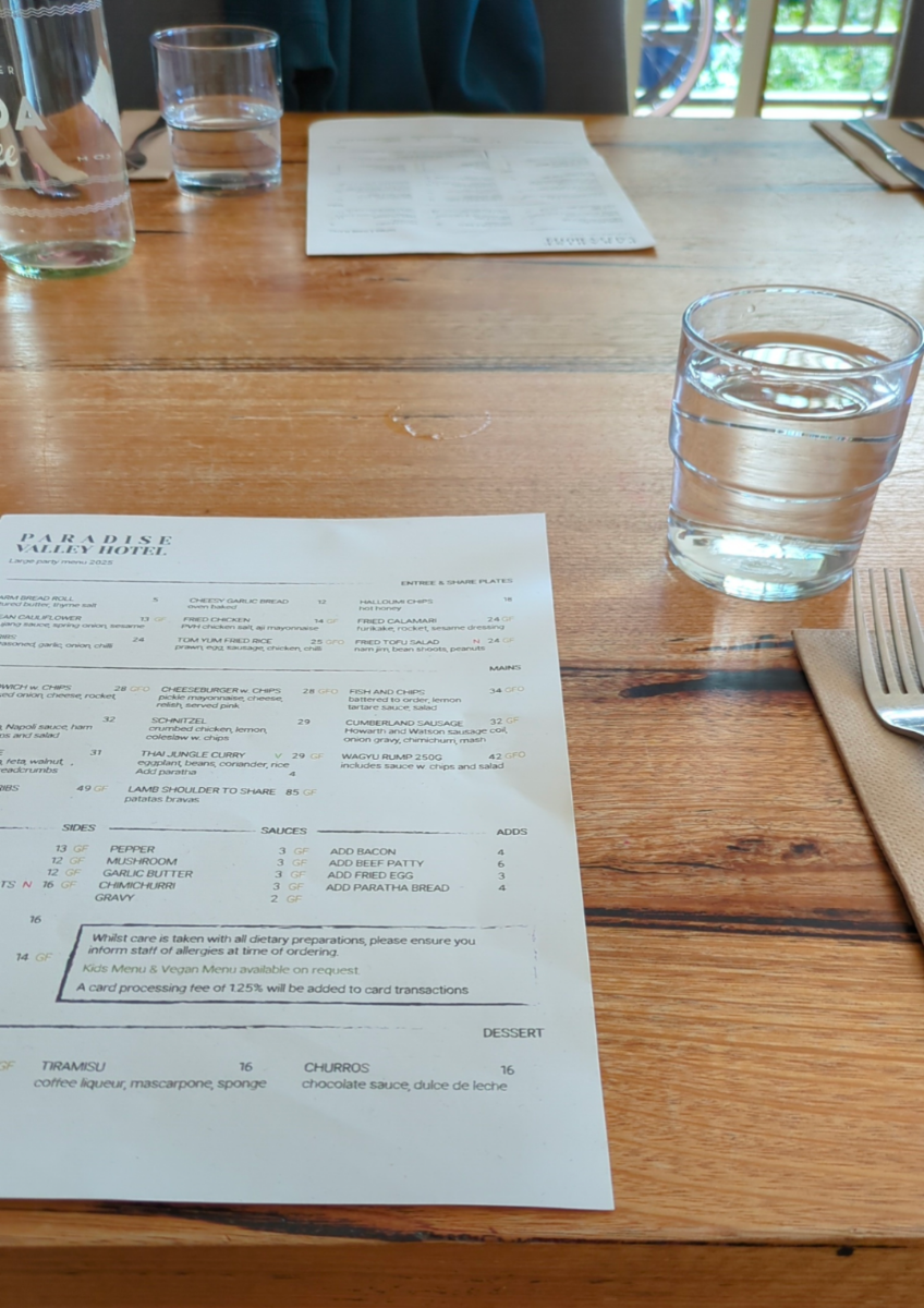 Menu, Paradise Valley Hotel