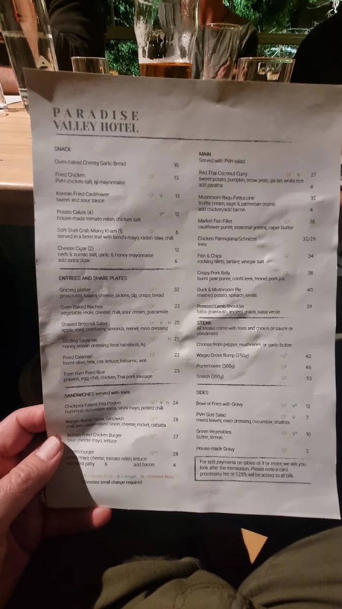 Menu, Paradise Valley Hotel