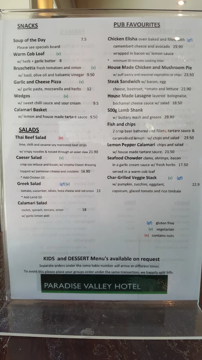 Menu, Paradise Valley Hotel