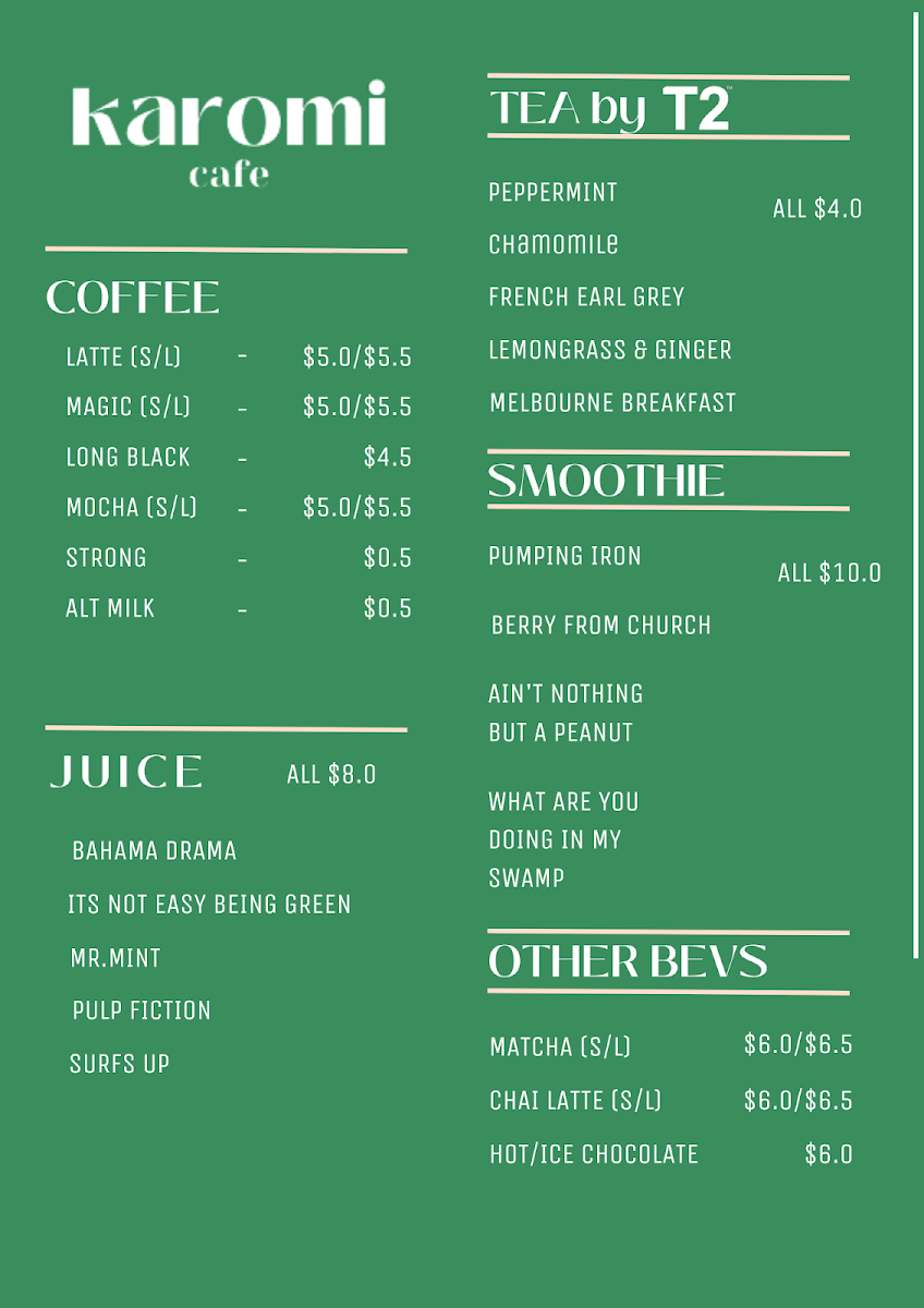 Menu, Karomi Cafe - Mackenzie Street
