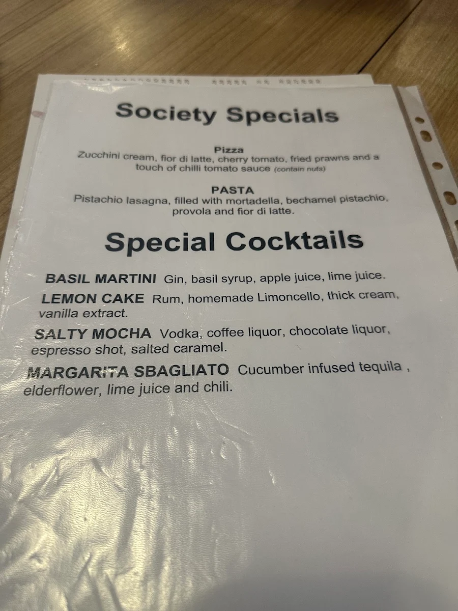 Menu, Society Pizza Bar, Bondi Beach
