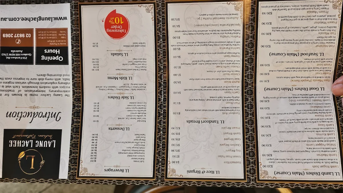 Menu, Laung Lachee Indian Restaurant