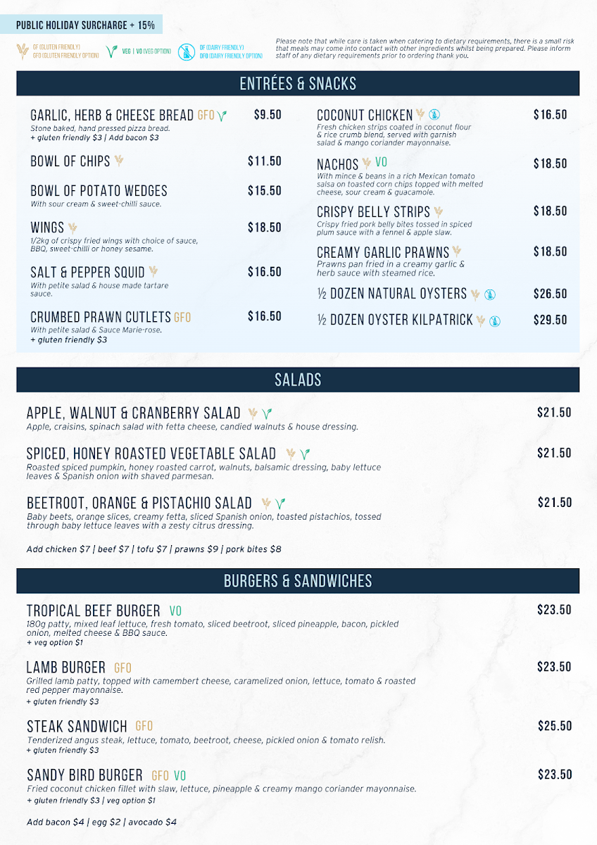 Menu, Sandhills Sports Club - Home of Bargara Bowls