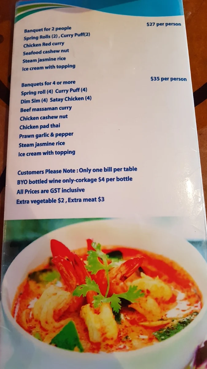Menu, Thai Boat Restaurant
