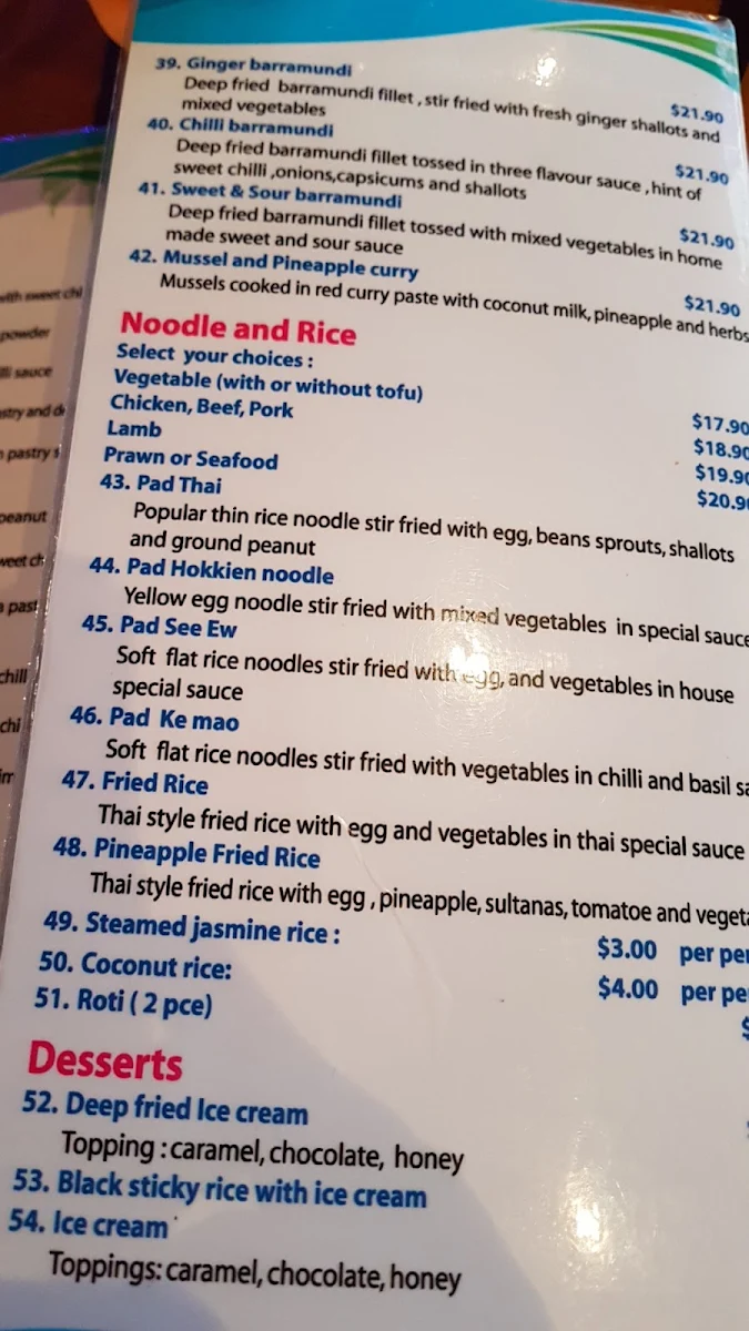 Menu, Thai Boat Restaurant