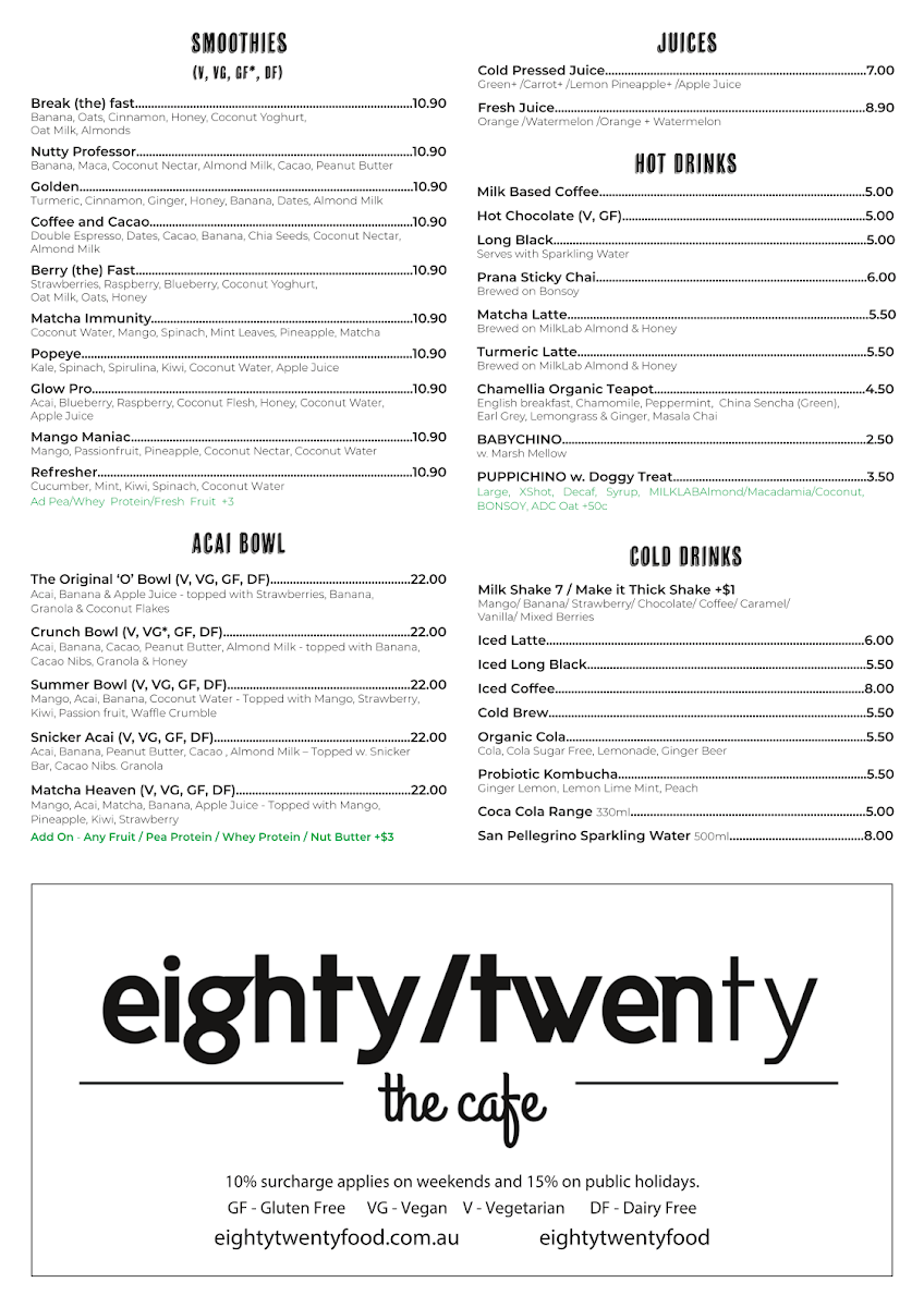 Menu, EightyTwenty Canberra | Mort St - Express Cafe