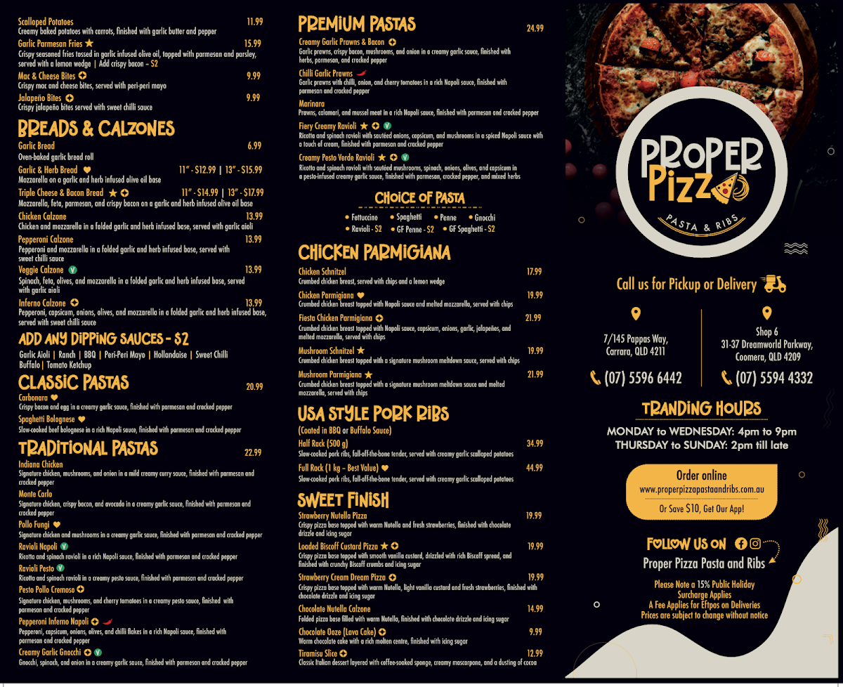 Menu, Proper Pizza Pasta and Ribs (Coomera)