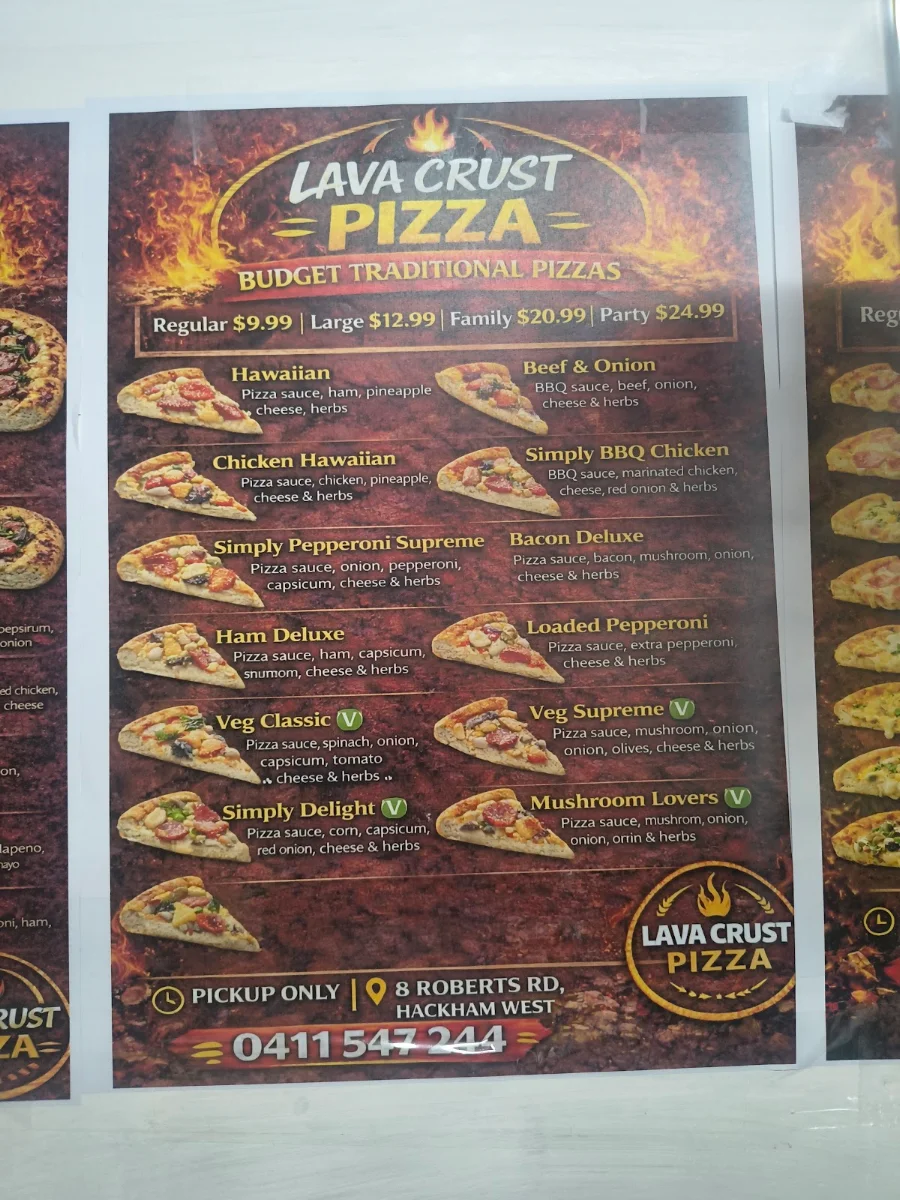 Menu, Lava crust pizza