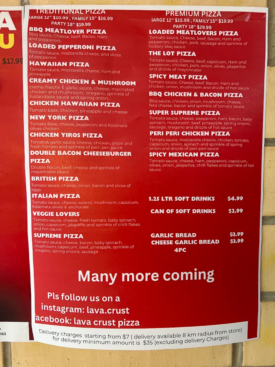 Menu, Lava crust pizza