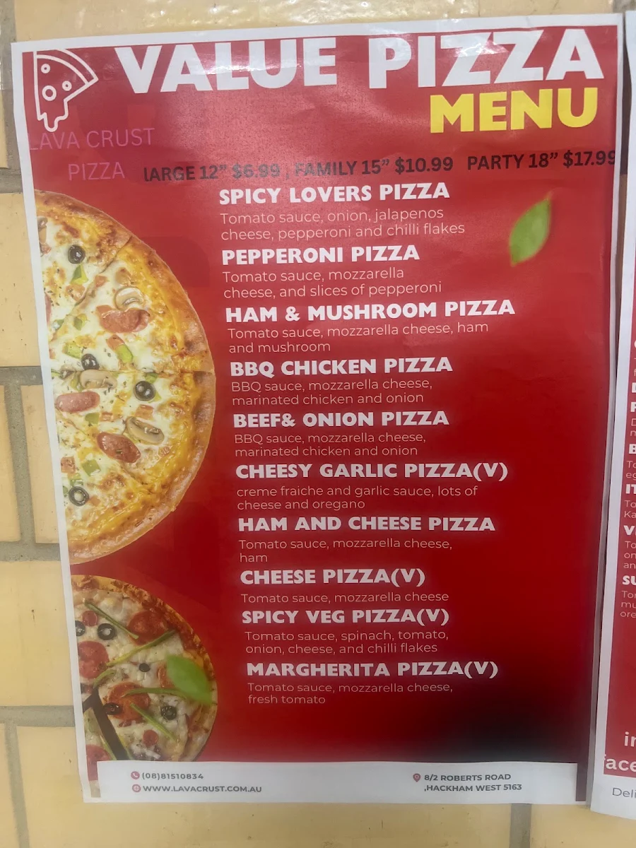Menu, Lava crust pizza