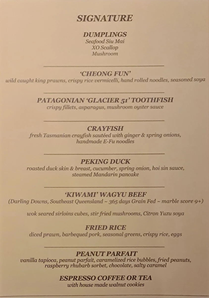 Menu, Me Wah Restaurant