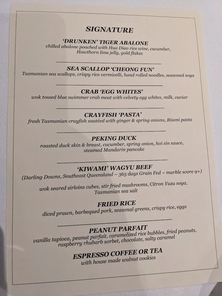 Menu, Me Wah Restaurant